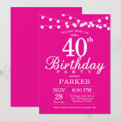 Invitation du 40e anniversaire rose chaud (Devant / Derrière)