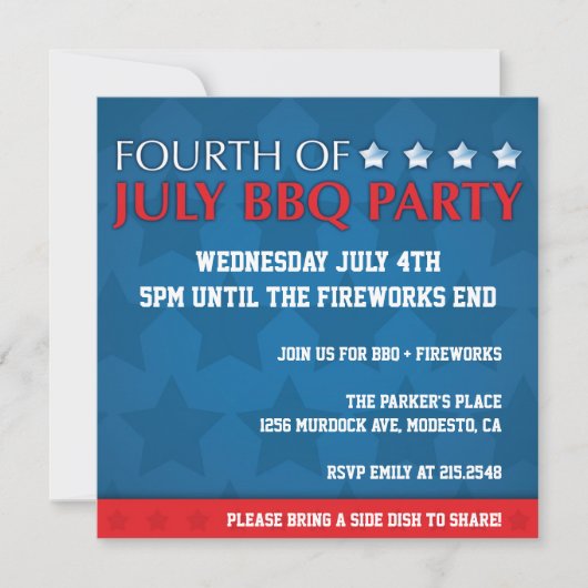 Invitation du 4 juillet du BBQ Party (Devant)