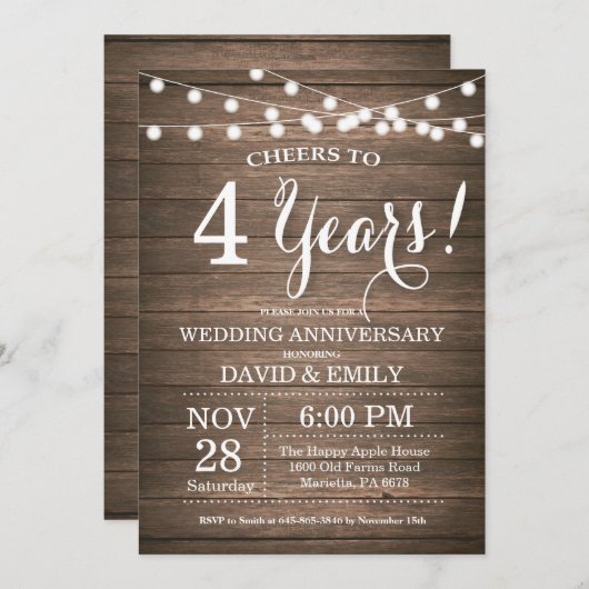 Invitation du 4e anniversaire du Mariage Bois rust (Devant / Derrière)