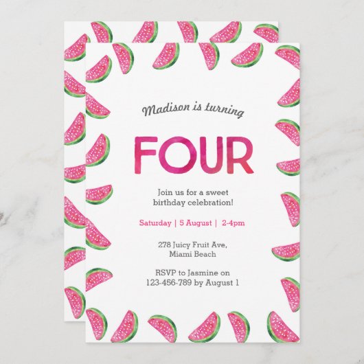 Invitation du 4e anniversaire | pastèque tropicale (Devant / Derrière)