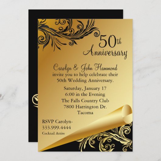 Invitation du 50e anniversaire du Mariage Black & (Devant / Derrière)