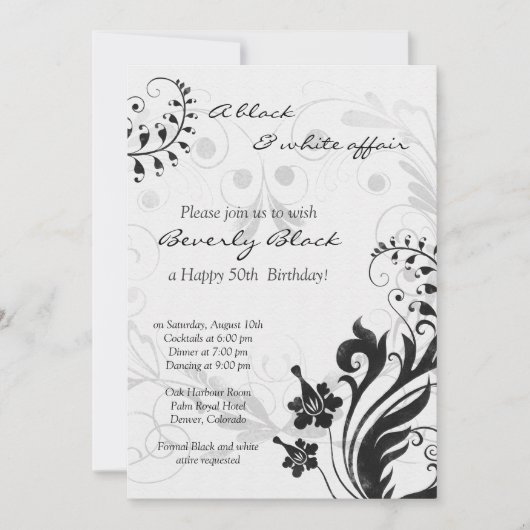 Invitation du 50e anniversaire | Floral noir blanc (Devant)