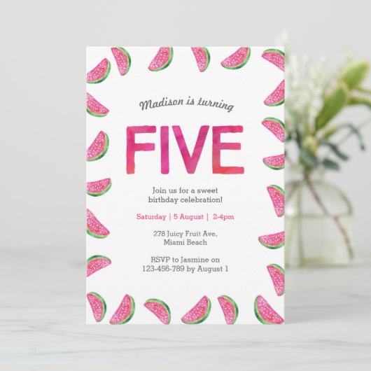 Invitation du 5e anniversaire | pastèque tropicale (Debout devant)
