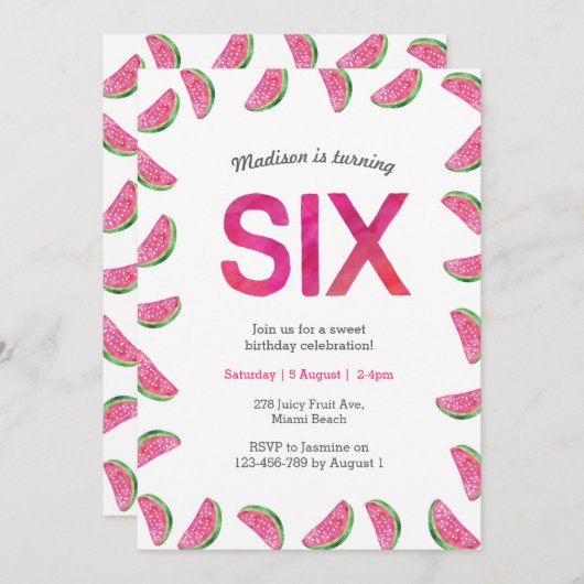 Invitation du 6e anniversaire | pastèque tropicale (Devant / Derrière)