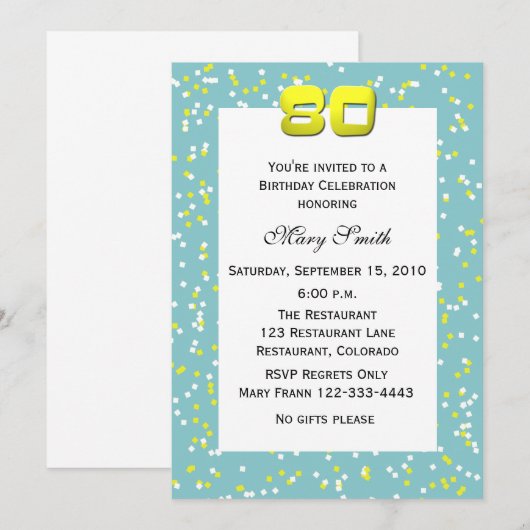 Invitation du 80e anniversaire Confetti (Devant / Derrière)