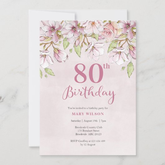 Invitation du 80e anniversaire Pink Floral (Devant)