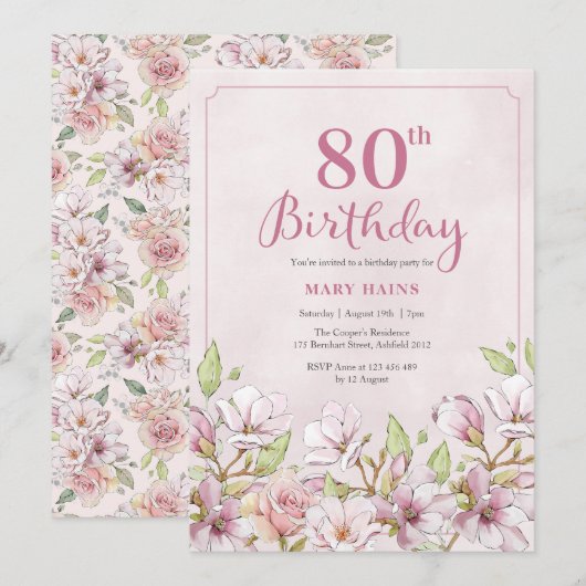 Invitation du 80e anniversaire Pink Floral (Devant / Derrière)