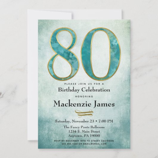 Invitation du 80e anniversaire Turquoise Blue Gold (Devant)