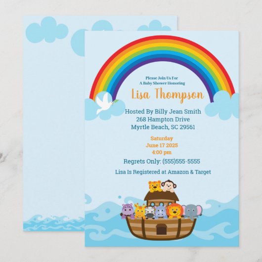 Invitation du Baby shower arc-en-ciel de Noah (Devant / Derrière)