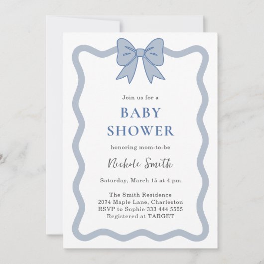 Invitation du Baby shower Bleu Ruban Bow (Devant)