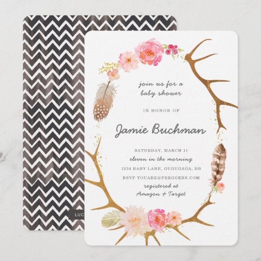 Invitation du Baby shower Boho Antler (Devant / Derrière)
