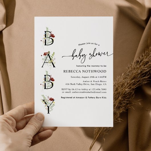 Invitation du Baby shower Boho Fleur sauvage aquar