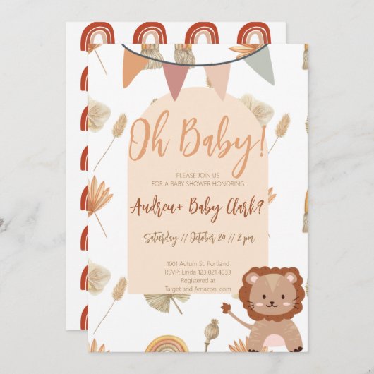 Invitation du Baby shower Boho Lion (Devant / Derrière)