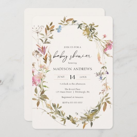 Invitation du Baby shower Boho Wreath (Devant / Derrière)