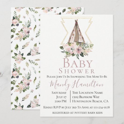 Invitation du Baby shower Botanique Dusty Mauve (Devant / Derrière)