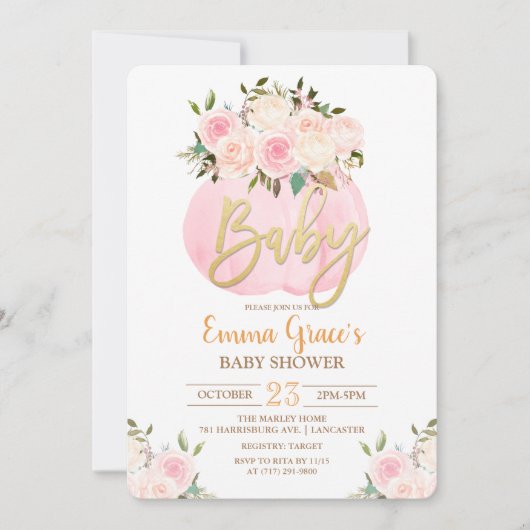 Invitation du Baby shower Citrouille floral (Devant)