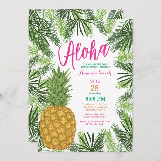 Invitation du Baby shower d'ananas tropical (Devant / Derrière)