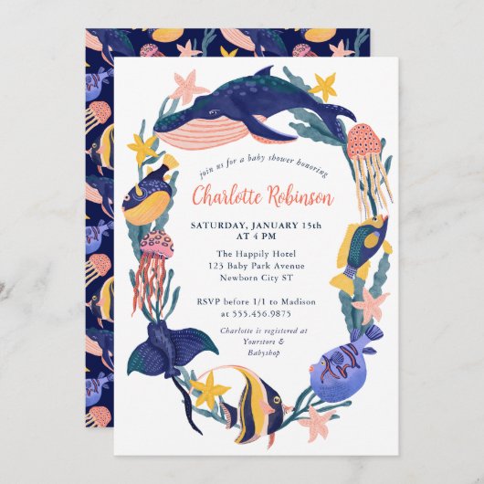 Invitation du Baby shower d'animaux de l'océan mar (Devant / Derrière)