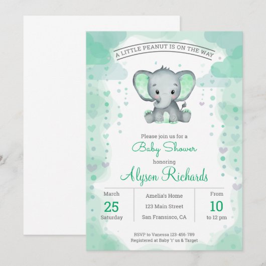 Invitation du Baby shower d'aquarelle d'éléphant v (Devant / Derrière)