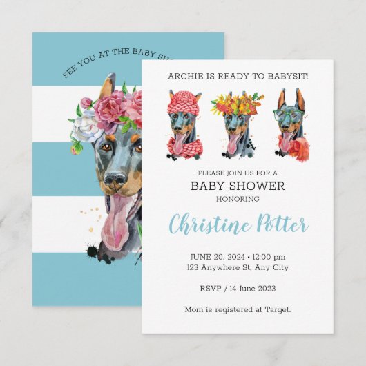 Invitation du Baby shower d'aquarelle Doberman (Devant / Derrière)