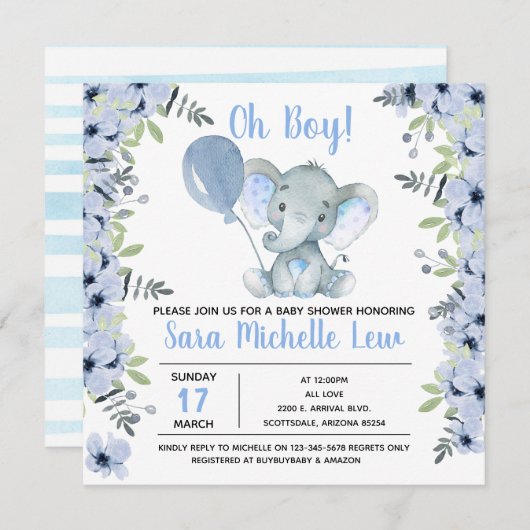 Invitation du Baby shower d'aquarelle éléphant (Devant / Derrière)