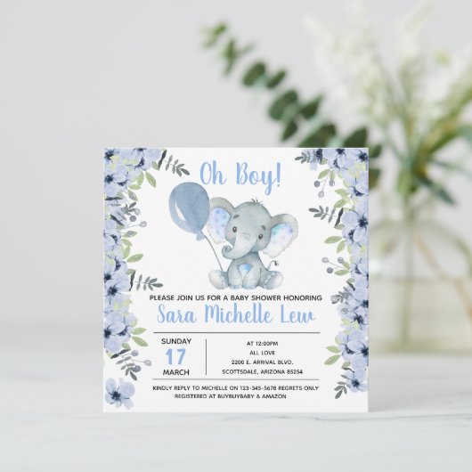 Invitation du Baby shower d'aquarelle éléphant (Debout devant)