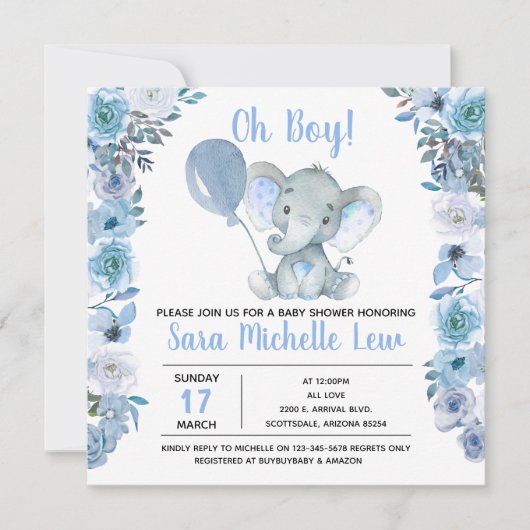 Invitation du Baby shower d'aquarelle éléphant du  (Devant)