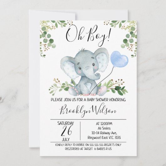 Invitation du Baby shower d'aquarelle éléphant du  (Devant)