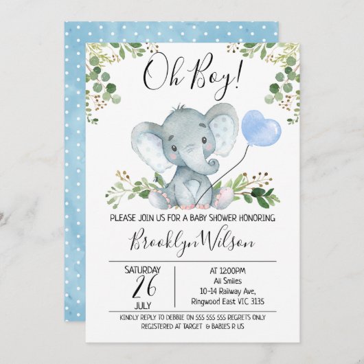 Invitation du Baby shower d'aquarelle éléphant du  (Devant / Derrière)
