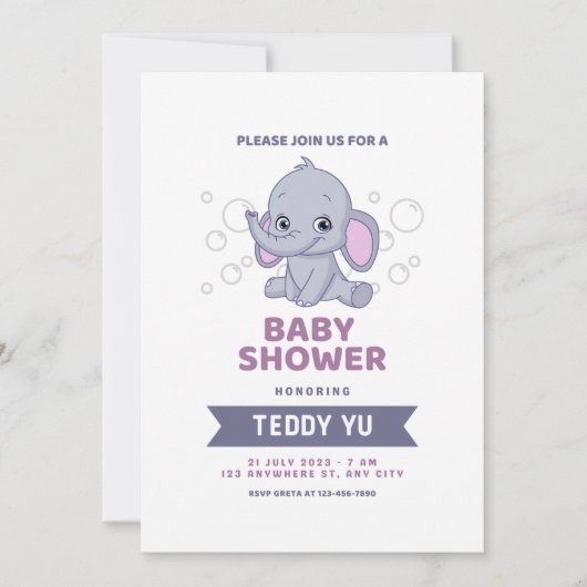 Invitation du Baby shower d'aquarelle éléphant du (Devant)