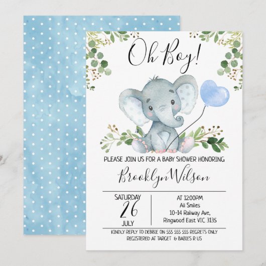 Invitation du Baby shower d'aquarelle éléphant du  (Devant / Derrière)