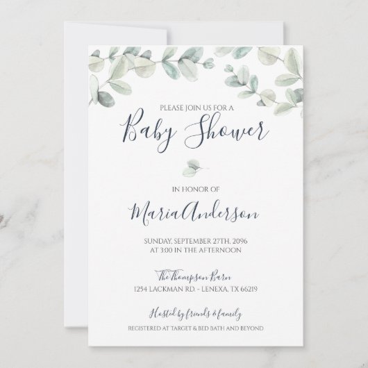 Invitation du Baby shower d'aquarelle Eucalyptus (Devant)