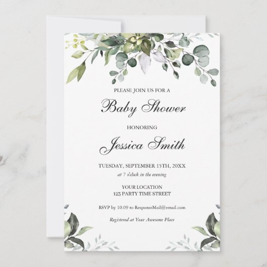 Invitation du Baby shower d'aquarelle Eucalyptus (Devant)