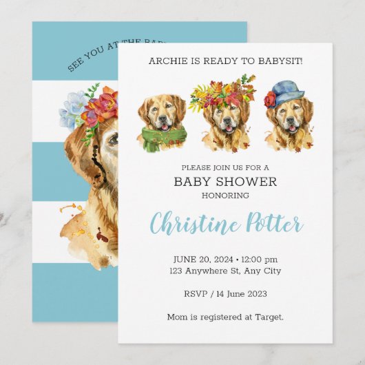 Invitation du Baby shower d'aquarelle Golden Retri (Devant / Derrière)