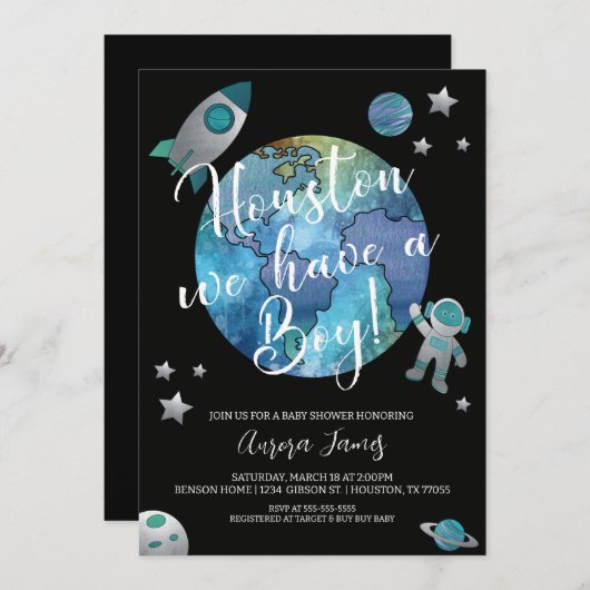 Invitation du Baby shower d'aquarelle spatiale (Devant / Derrière)