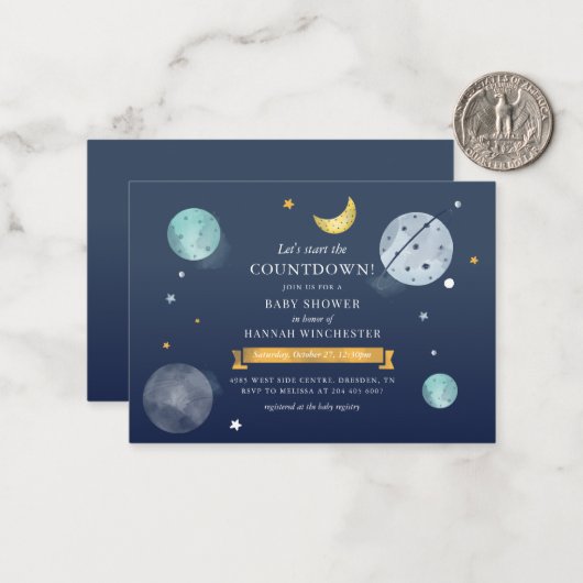 Invitation du Baby shower d'aquarelle spatiale (Devant/Arrière en situation)