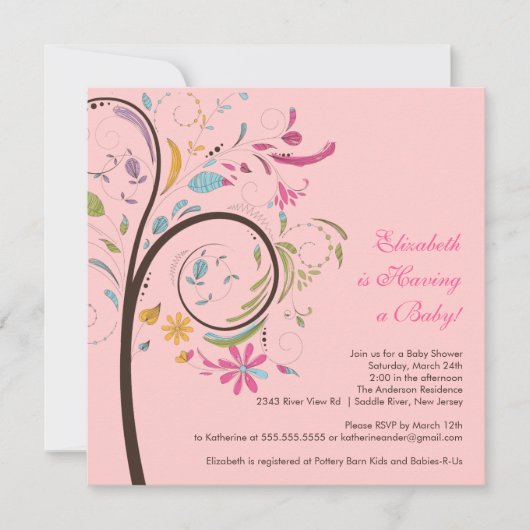 Invitation du Baby shower d'arbre floral du printe (Devant)
