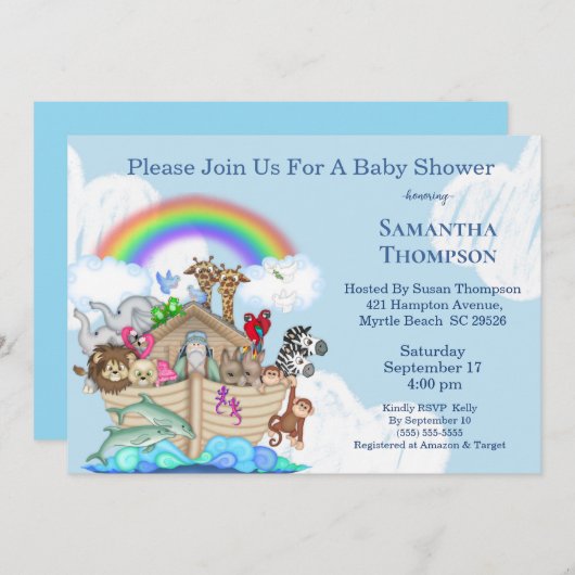 Invitation du Baby shower d'arche de Bleu Noé (Devant / Derrière)