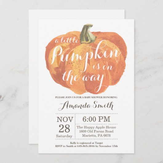 Invitation du Baby shower d'automne citrouille (Devant / Derrière)