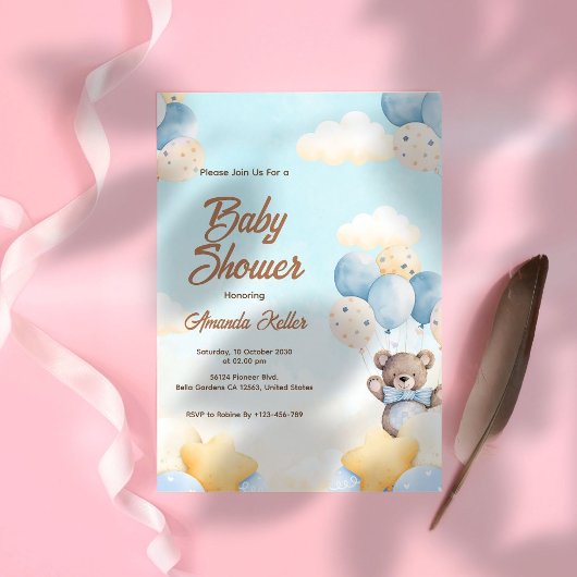 Invitation du Baby shower de ballon de l'ours bébé