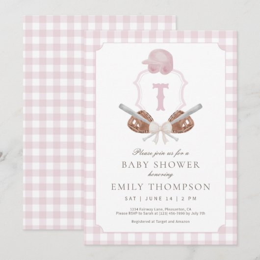 Invitation du Baby shower de baseball rose Preppy (Devant / Derrière)
