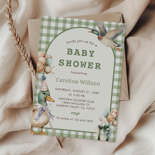 Invitation du Baby shower de canard En vichy Sage 