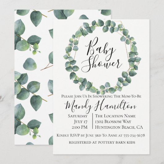 Invitation du Baby shower de couronne d'eucalyptus (Devant / Derrière)