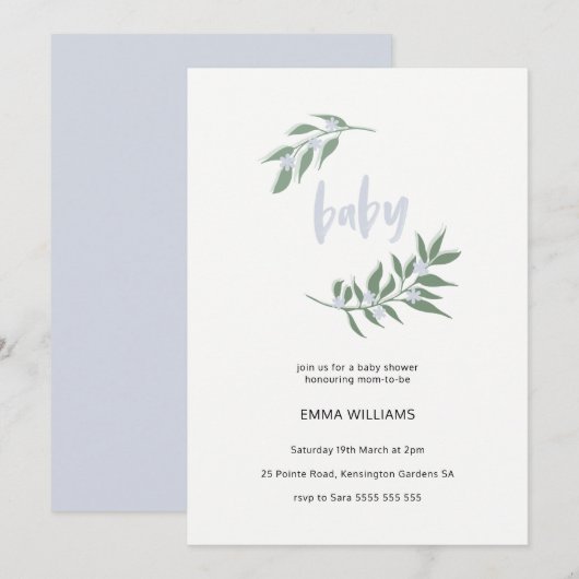 Invitation du Baby shower de germes floraux | Bleu (Devant / Derrière)