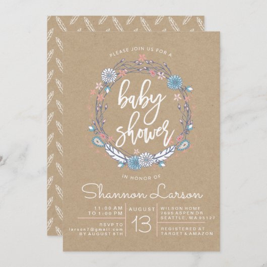 Invitation du Baby shower de germes floraux Boho (Devant / Derrière)