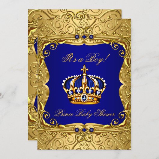 Invitation du Baby shower de la Couronne d'or bleu (Devant / Derrière)