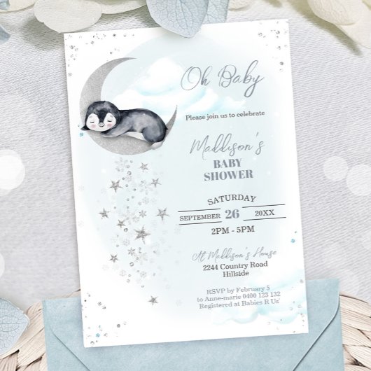 Invitation du Baby shower de la lune de pingouin