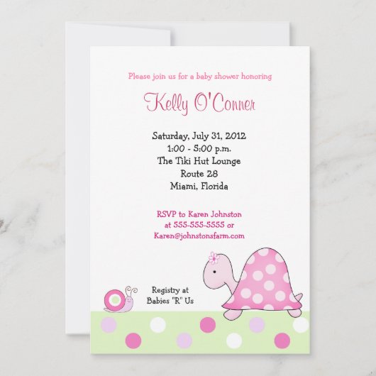 Invitation du Baby shower de la tortue rose de Lon (Devant)