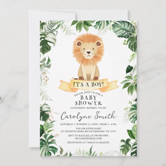 Invitation du Baby shower de Lion de la Jungle tro (Devant)
