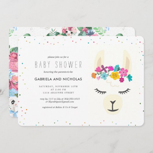 Invitation du Baby shower de Llama Floral (Devant / Derrière)